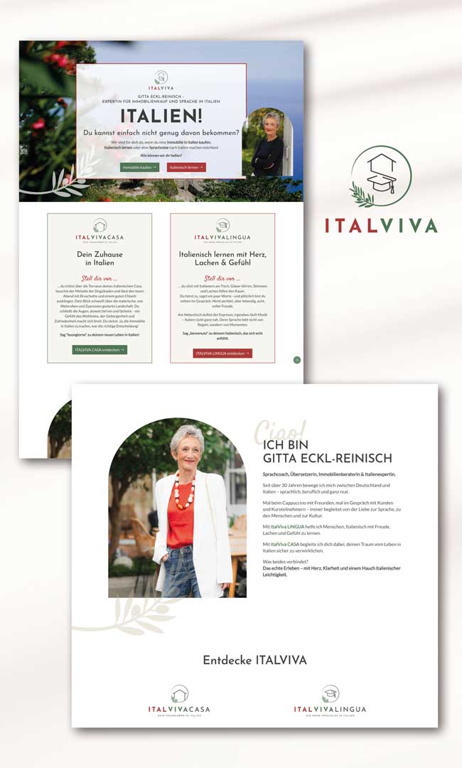 Case Study: ItalViva – zwei Themenwelten, eine starke Personal Brand Website Relaunch, Nachherbeispiel mit klarer Markenstruktur